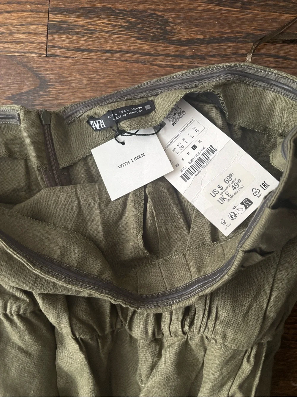 Zara Olive Green Linen Blend Jumpsuit Strapless Large